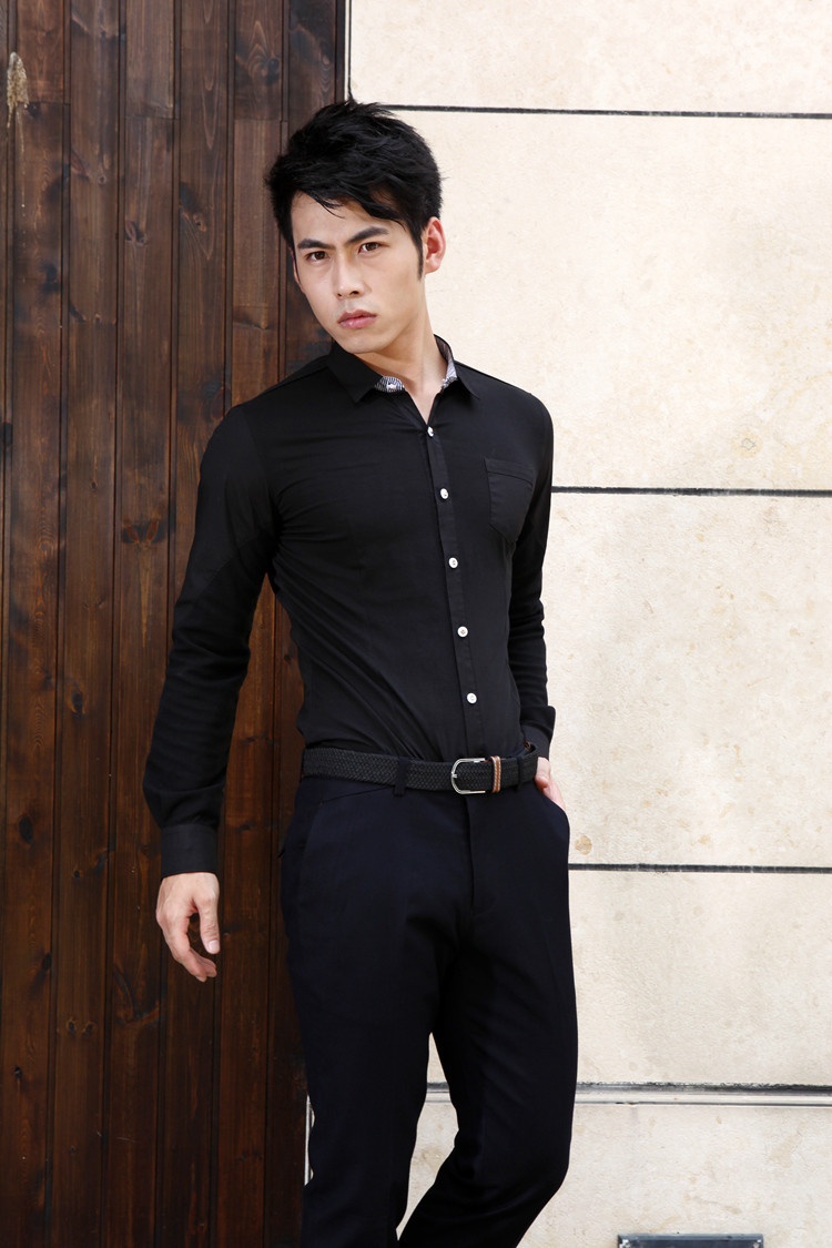 长袖衬衫尺码：男士秋季英伦风格修身型纯色布长袖纯棉撞色领衬衫