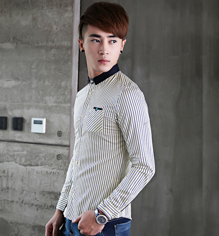 男士衬衫品牌有哪些：2015年最新款时尚潮流韩版个性修身显瘦条纹衬衫商务休闲韩版修身