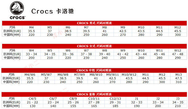 crocs鞋码尺码对照表