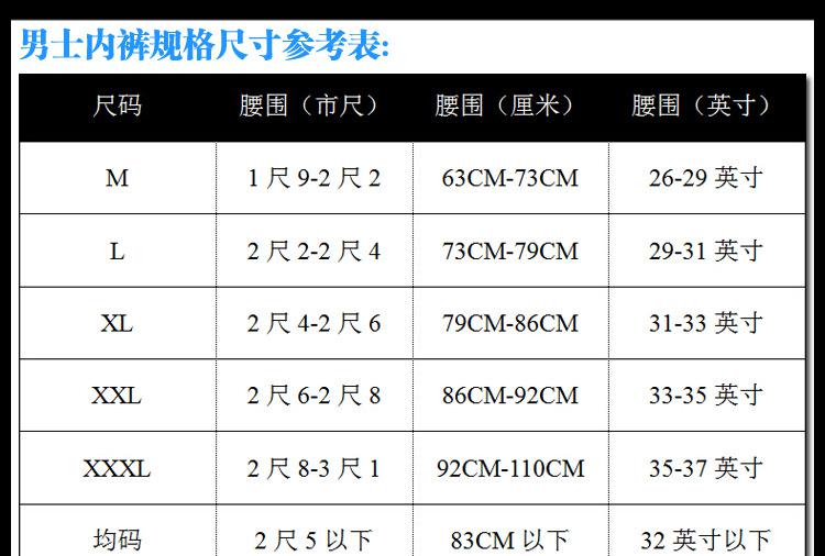 内裤尺码表